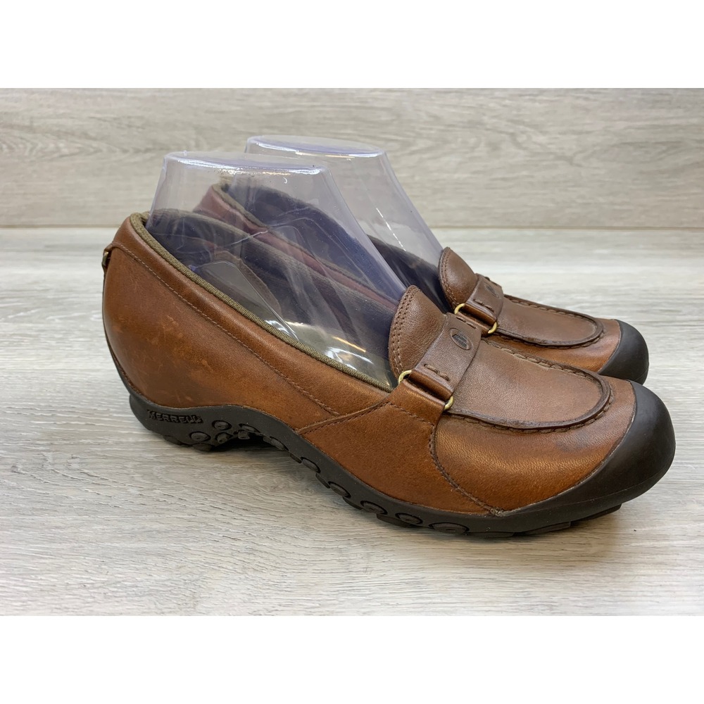 Merrell Women's Brown Leather Slip On Loafers 7.5 Comfort Casual Trail Shoes